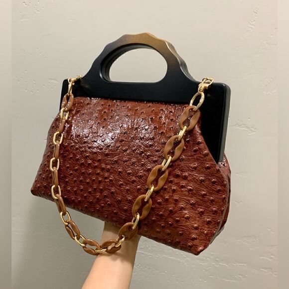 Handmade Genuine Ostrich Textured Cowhide, Wooden Frame Top Handle Satchel - Picture 3 of 14